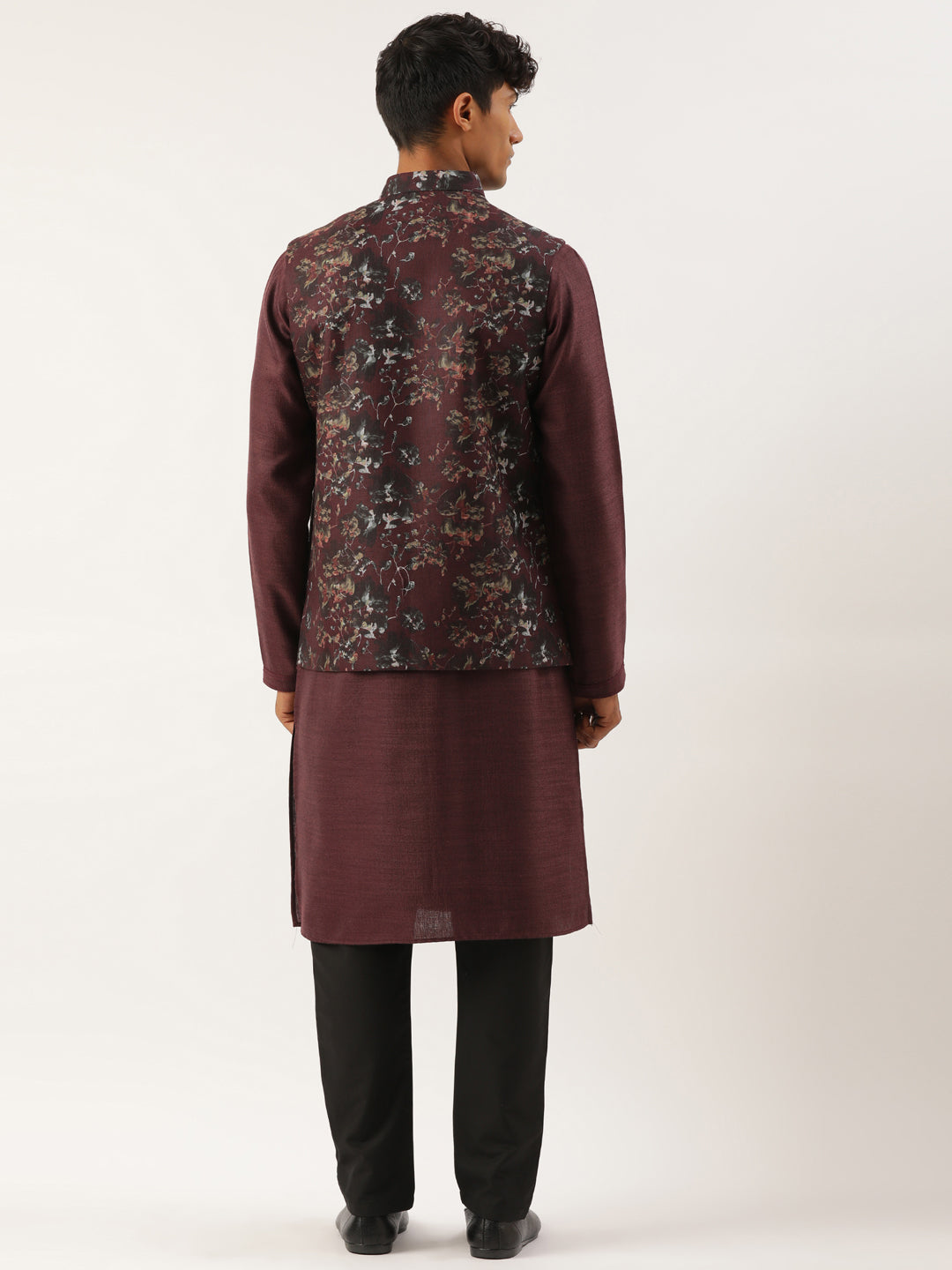 Wine Printed Cotton Jacket Kurta Set