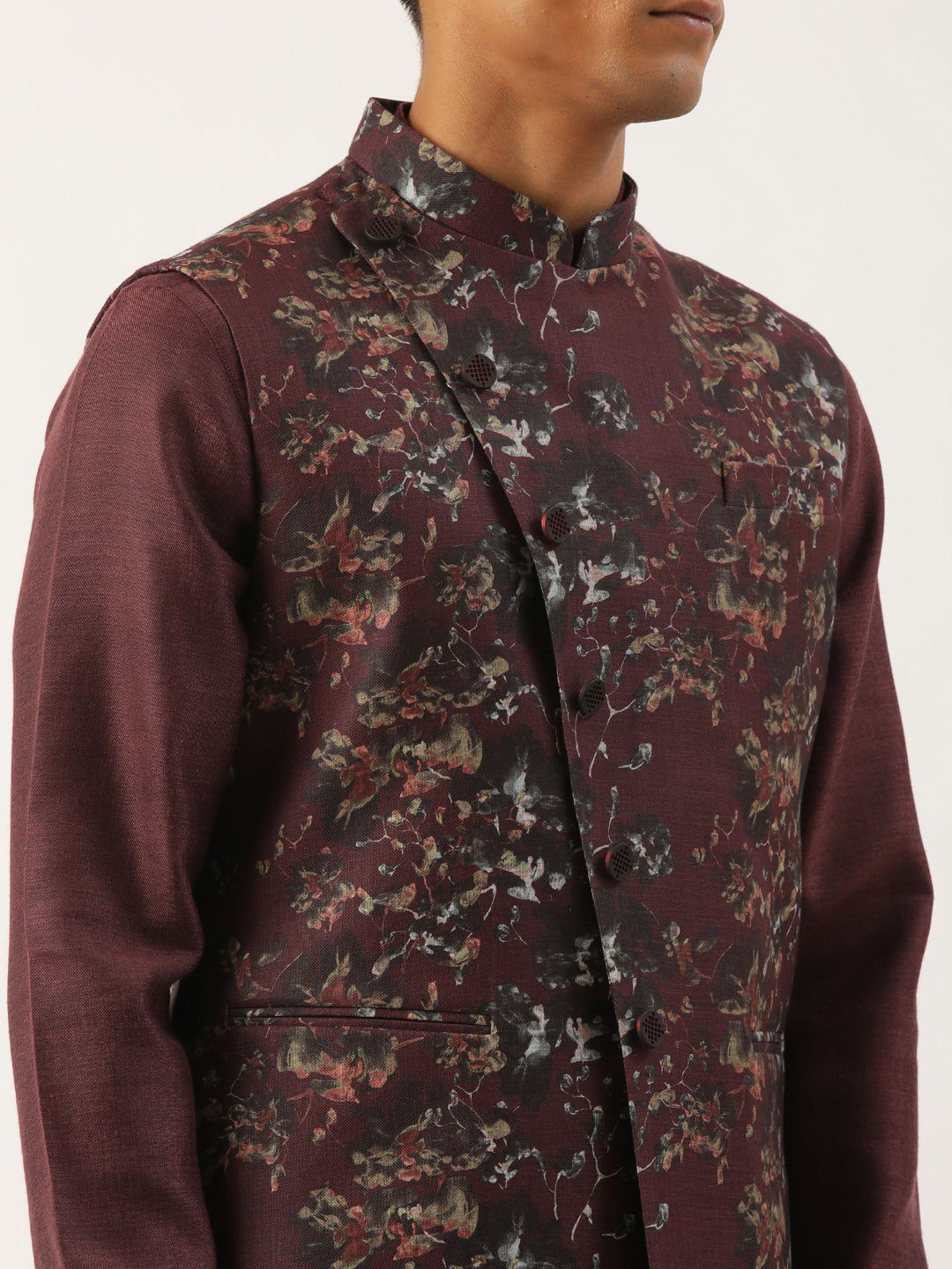 Wine Printed Cotton Jacket Kurta Set