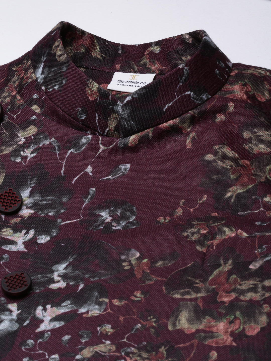 Wine Printed Cotton Jacket Kurta Set