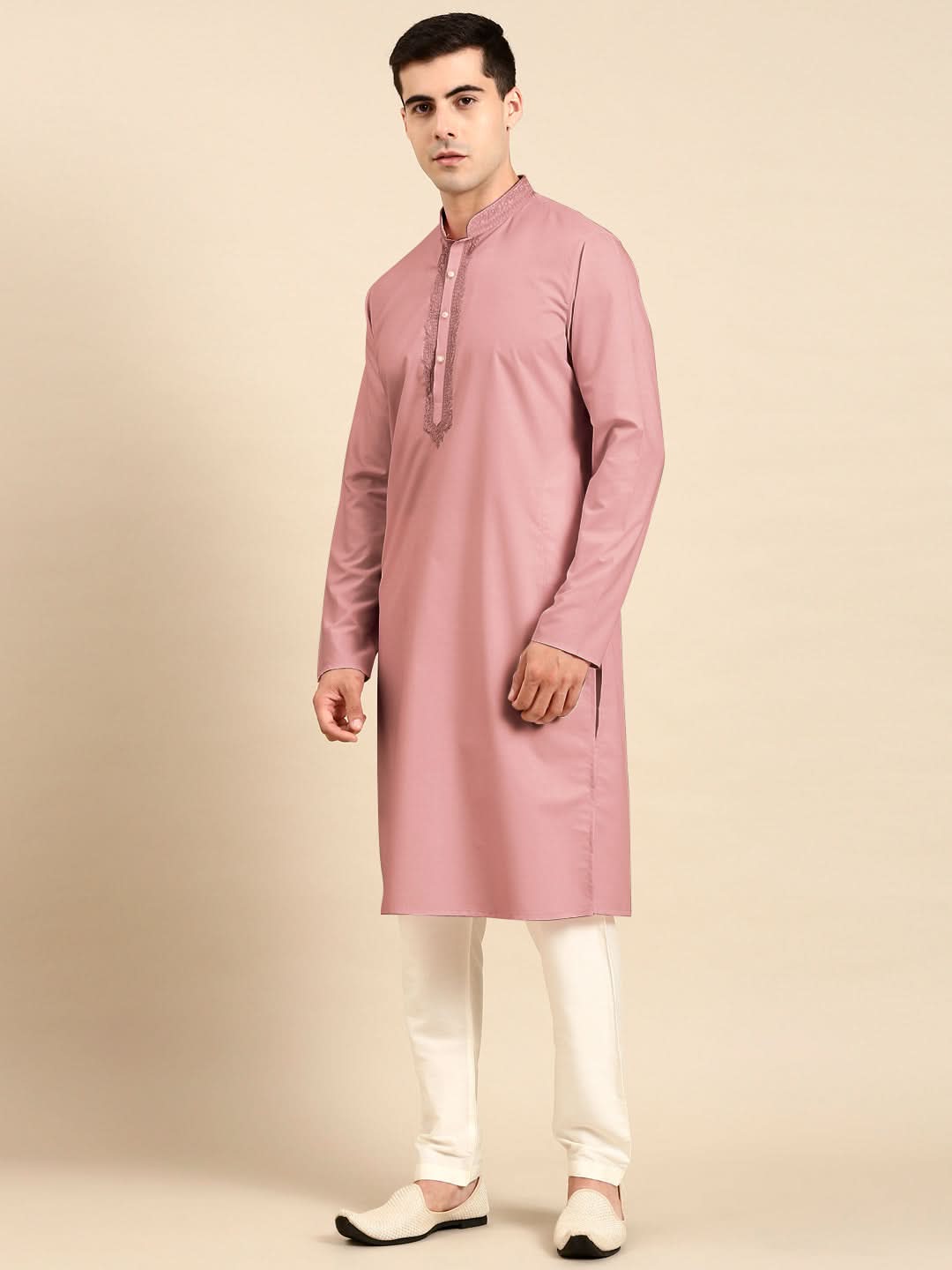Rose Pink Cotton Dori Embroidered Kurta Set