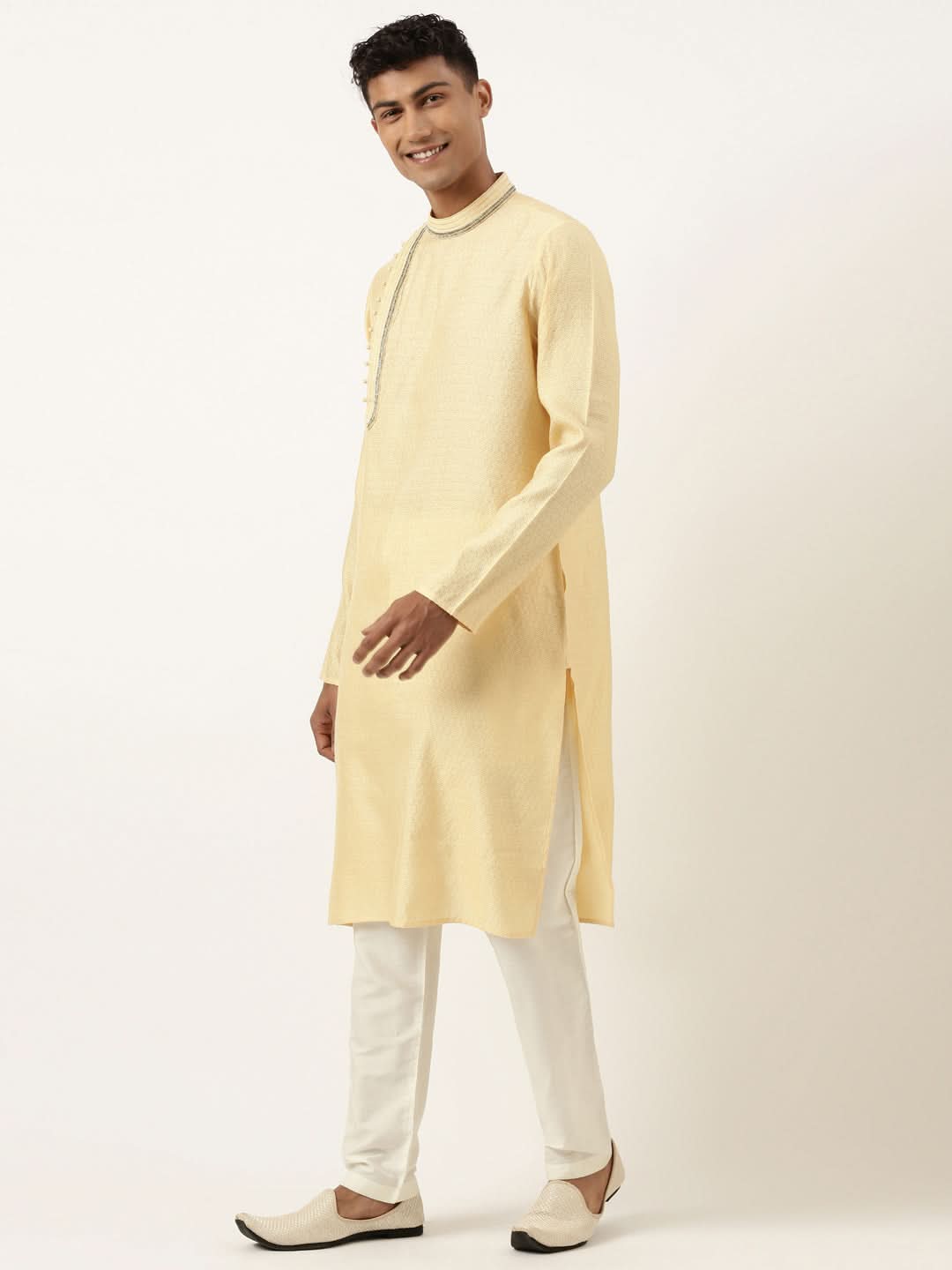 JACQUARD ANGRAKHA STYLE YELLOW KURTA WITH SIDE PLACKET