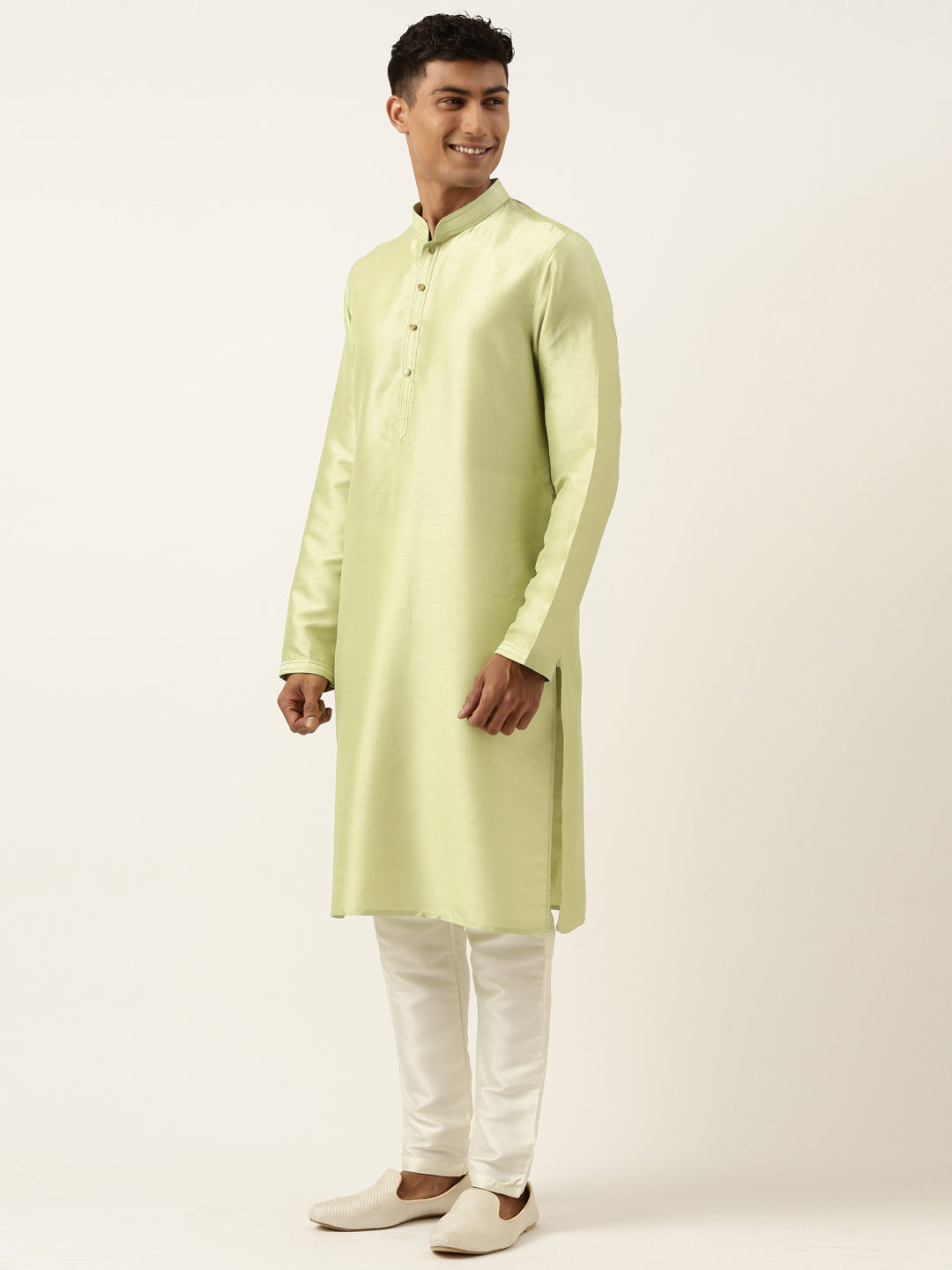 Cream Green Embroiderd Layered Long Jacket Kurta Set