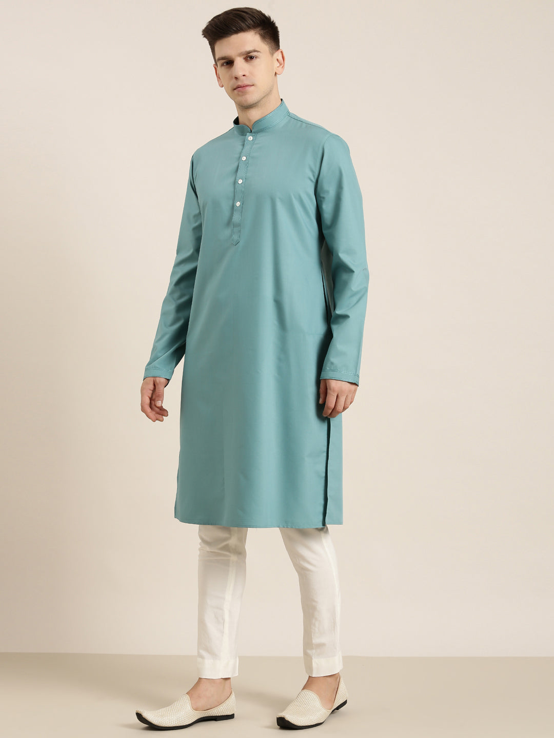 Beige Linen Printed Jacket Kurta Set