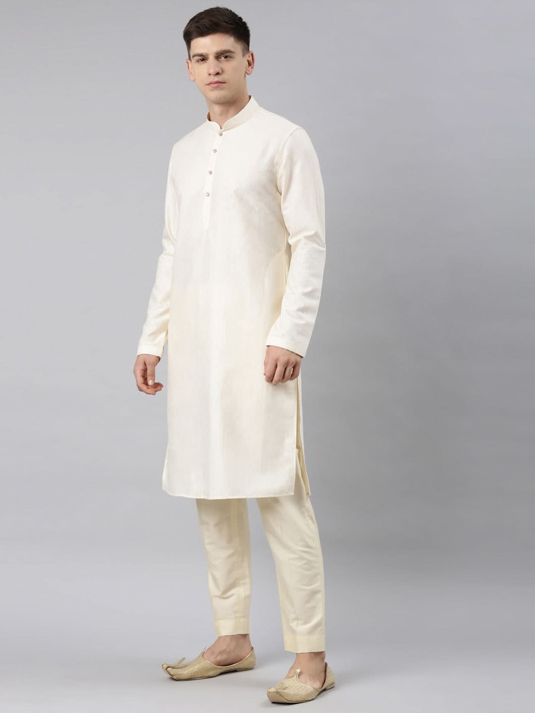 Yellow Linen Printed Jacket with Kurta Set