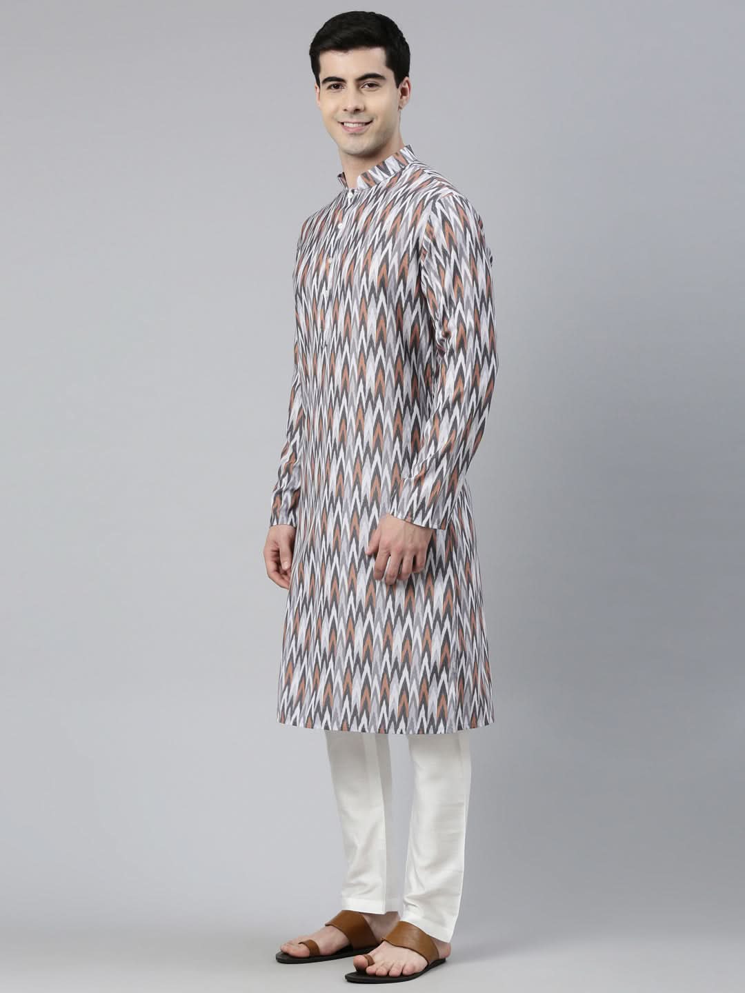 Grey Ikat Printed Kurta Set