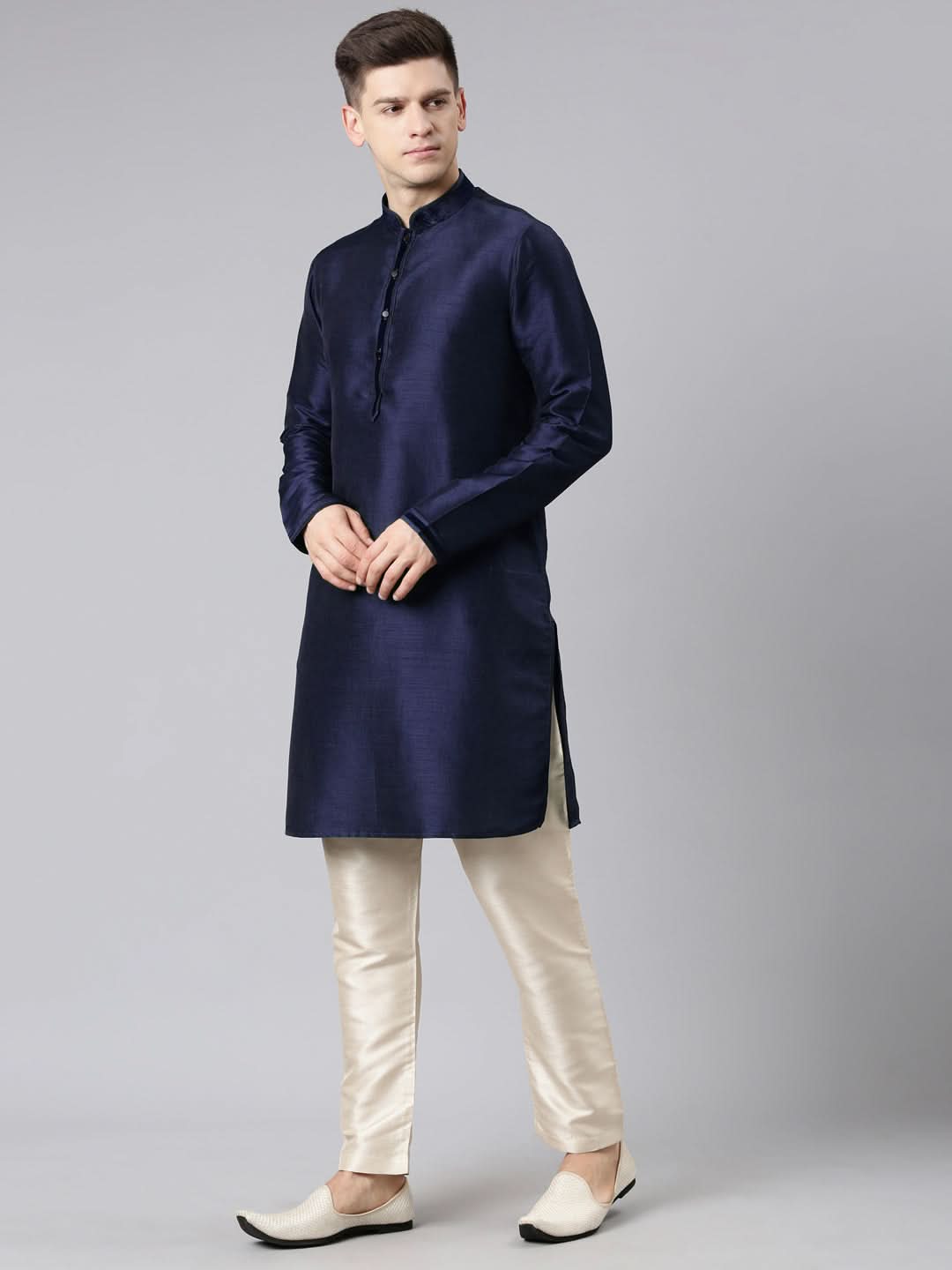 Dark Blue Layered lapel Style Jacket Kurta Set