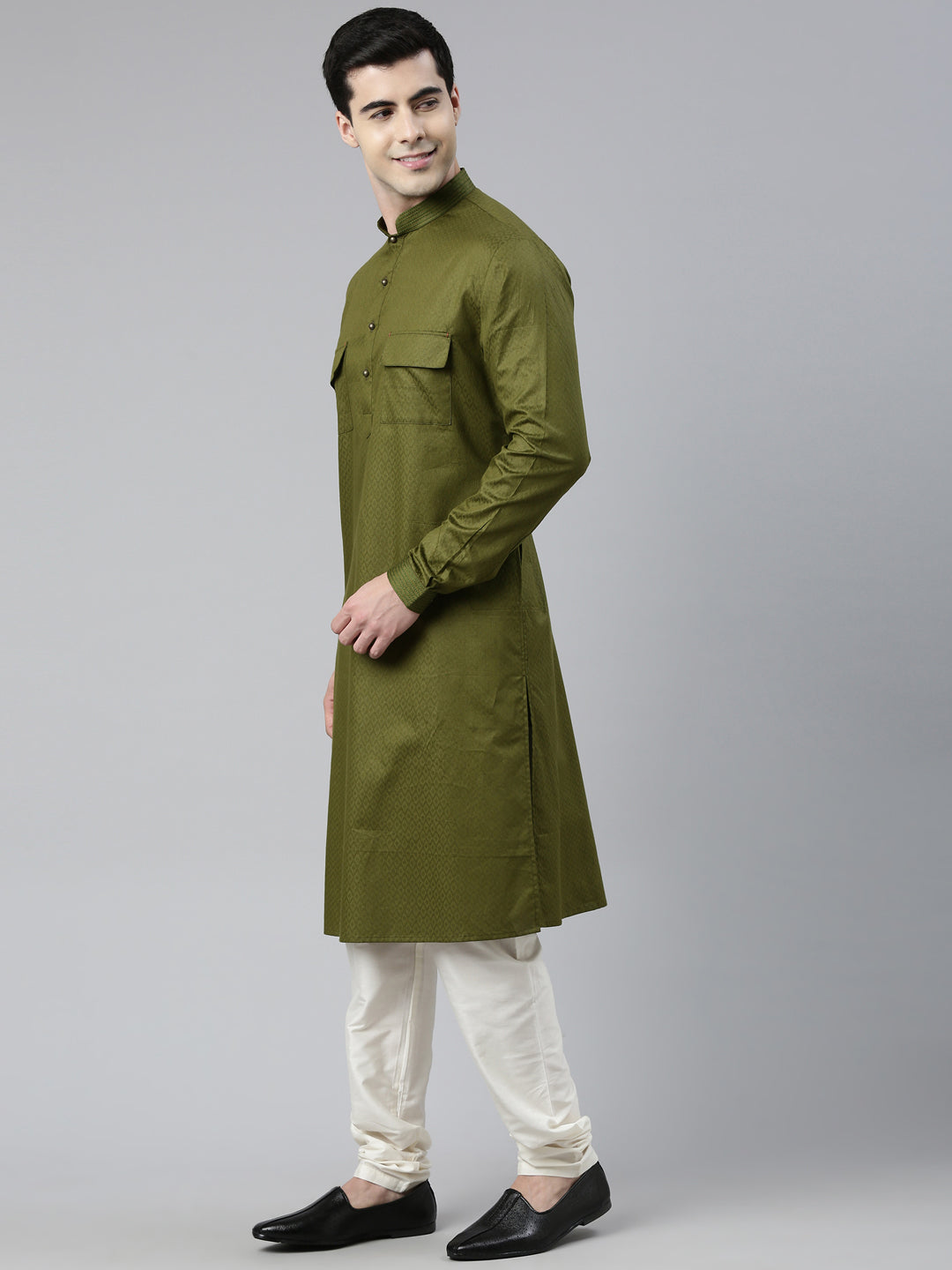 Green Cotton Pathani Kurta Set with Patch Pocket