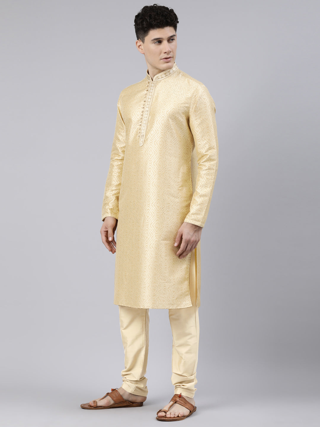 Beige Art Silk Kurta Set with Shining Golden Khadi Print