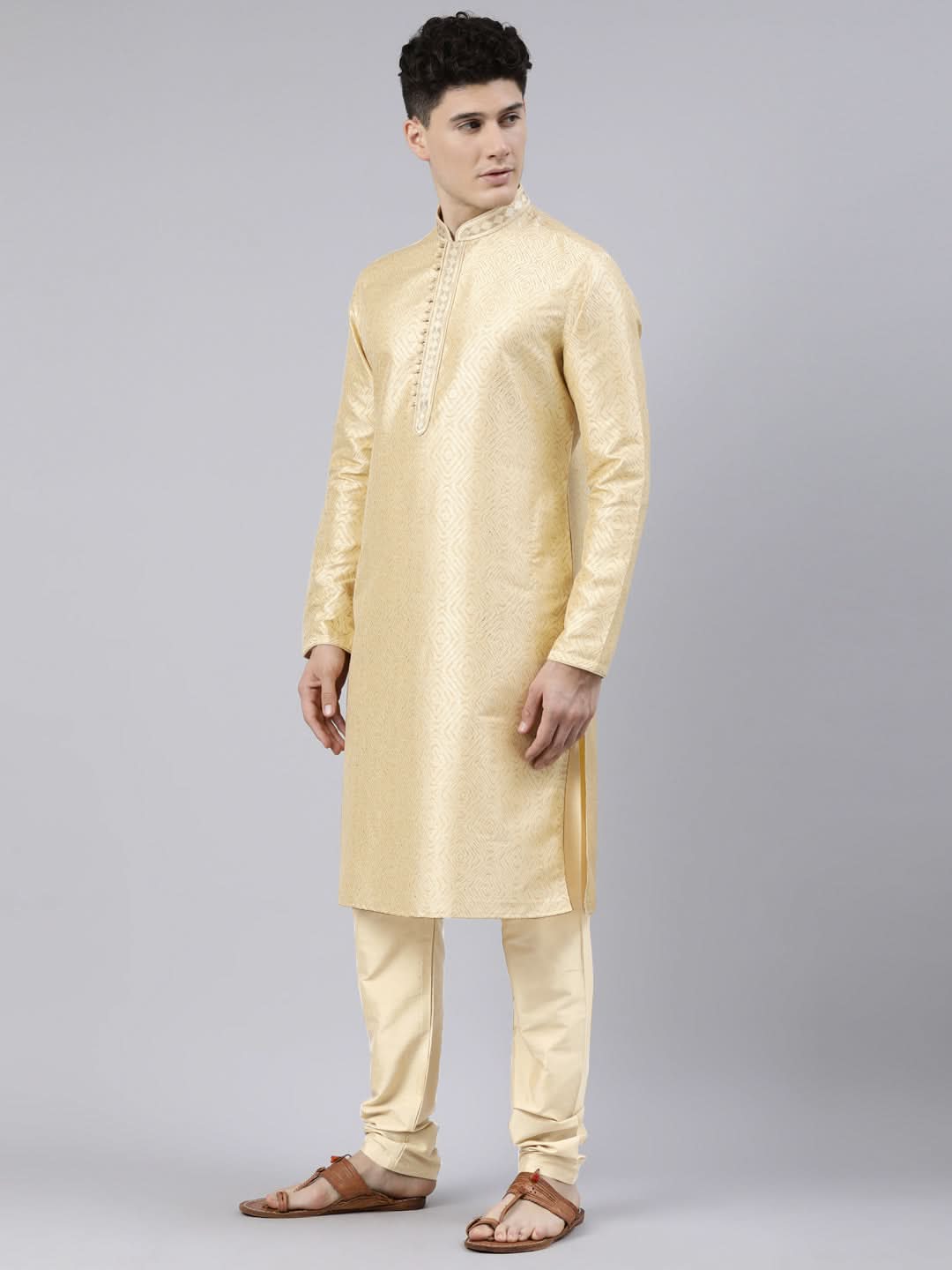 Beige Art Silk Kurta Set with Shining Golden Khadi Print