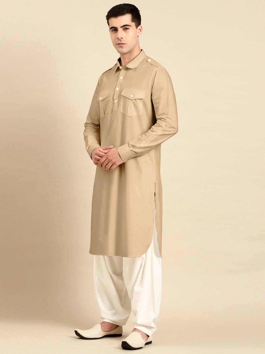 Beige fine Cotton Pathani with Salwar