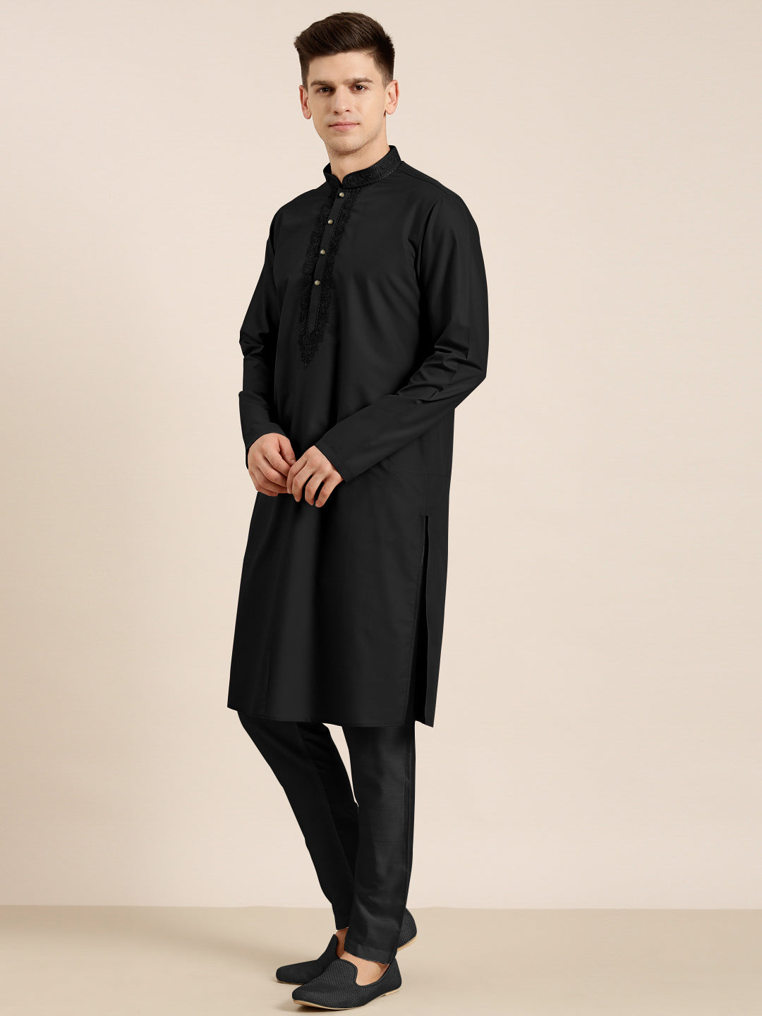 Black Cotton Dori Embroidered Kurta Set
