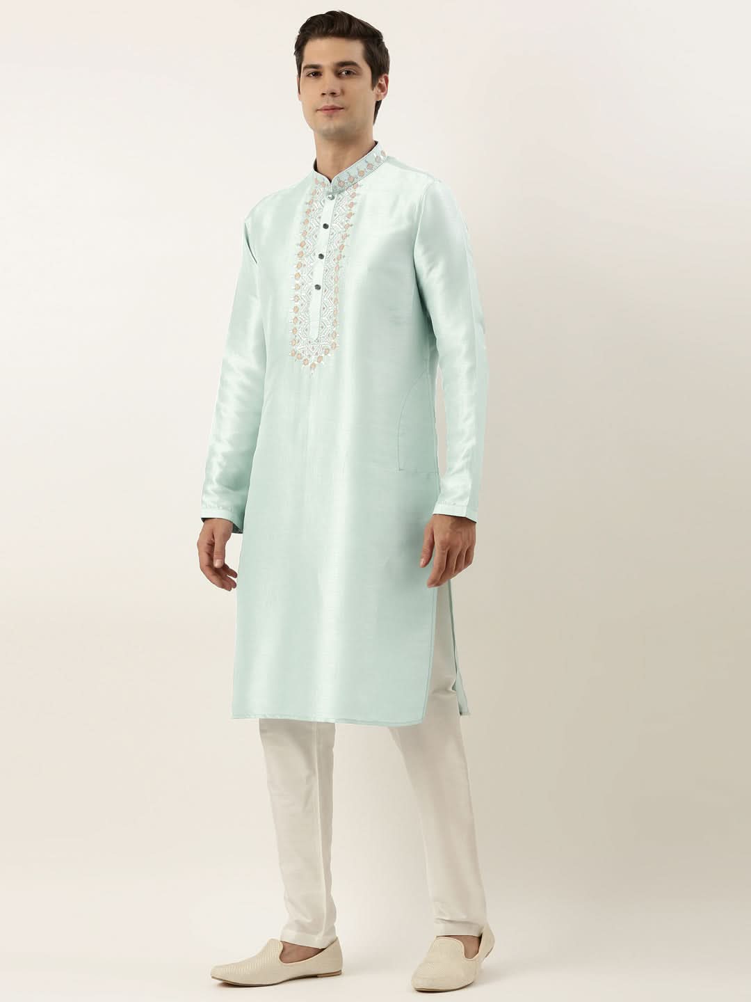 Aqua green Silk Embroidered Kurta Set