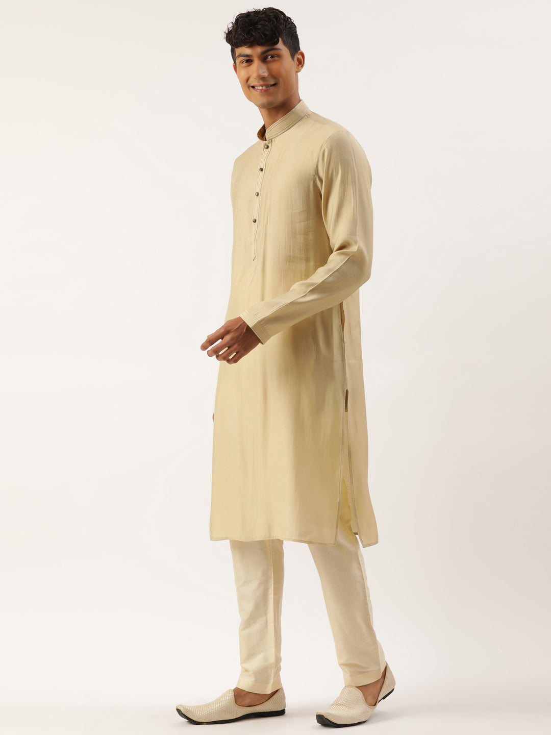 Gold Checkered Textured Jacket With Gold Kurta