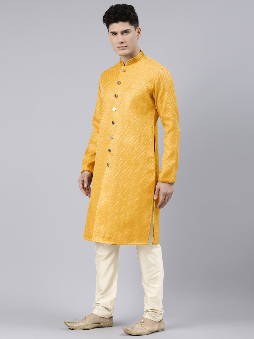 Mustard Diamond Booti Front Open Kurta Set