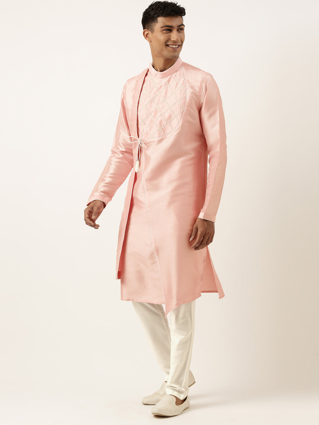 Peach Silk Embroidery Angrakha Kurta Set