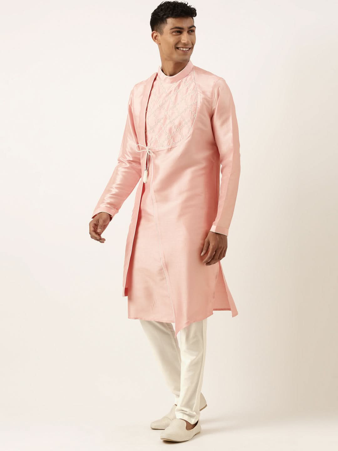 Peach Silk Embroidery Angrakha Kurta Set