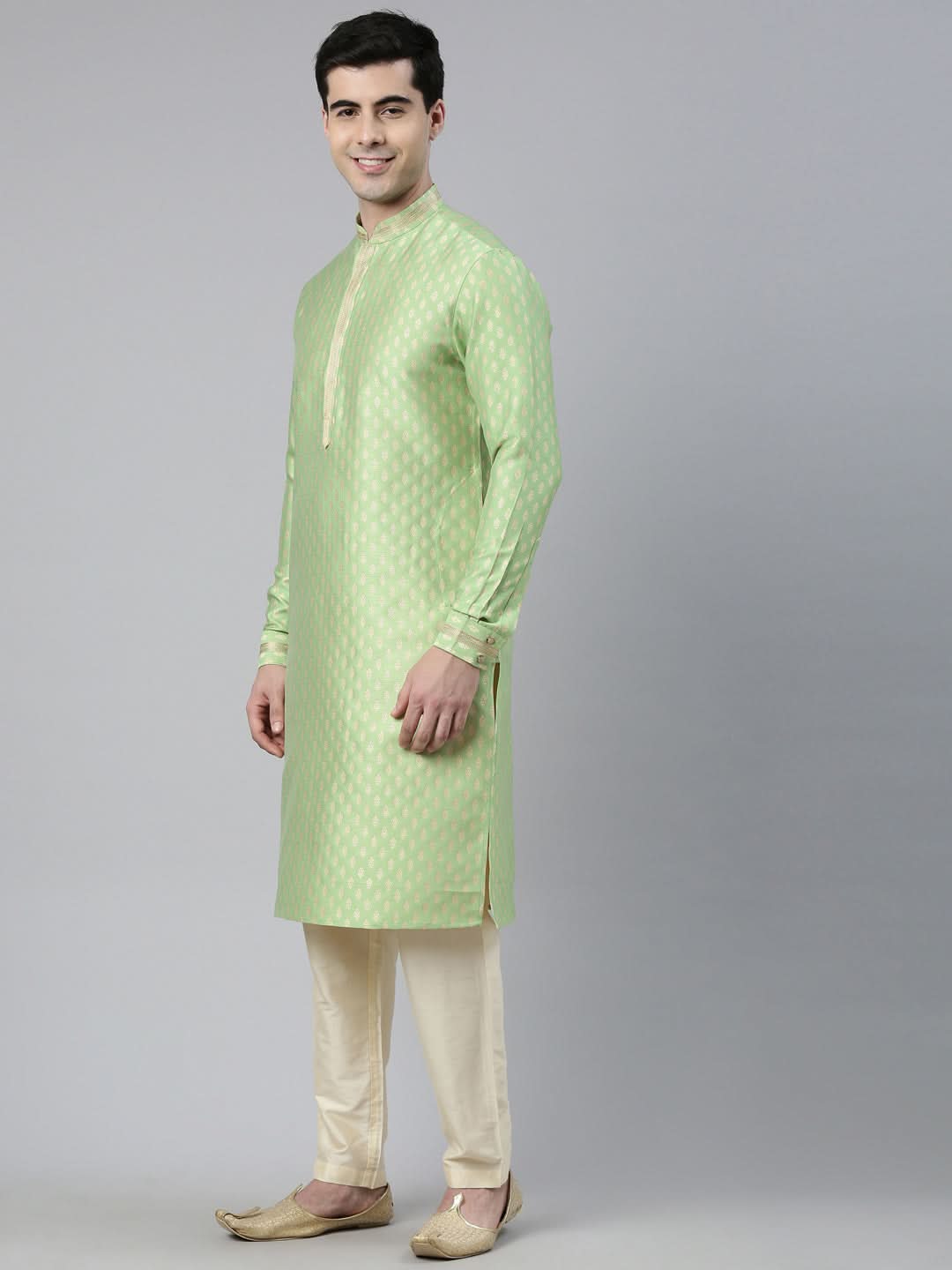 Mint Green Banarasi Jacquard Jacket And Kurta Set