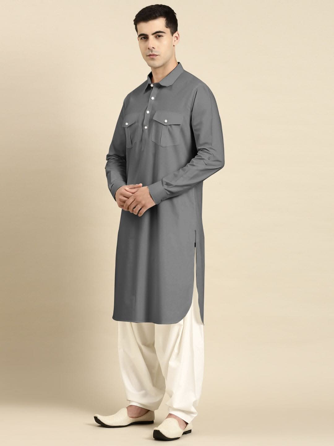 Grey Fine Cotton Pathani With Salwar