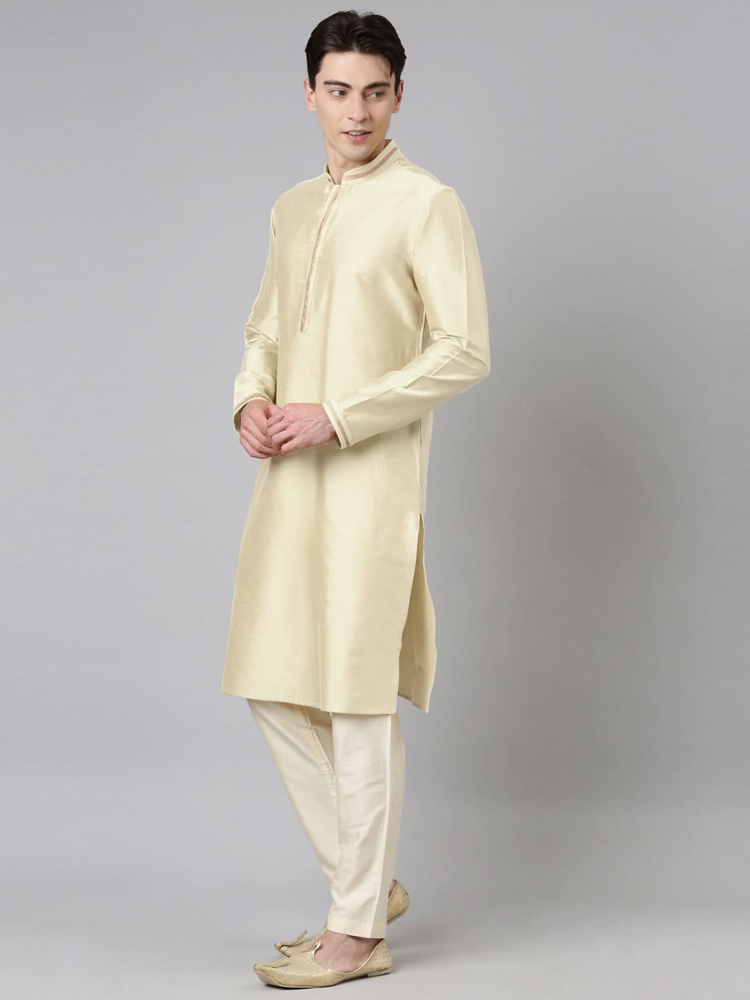 Beige Jacquard Jacket With Kurta Set