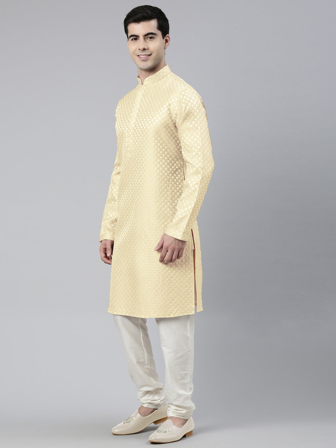 Cream Scallop Premium Self- Design Kurta Set