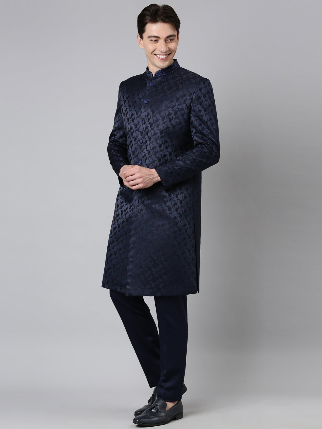 Navy Jacquard Achkan