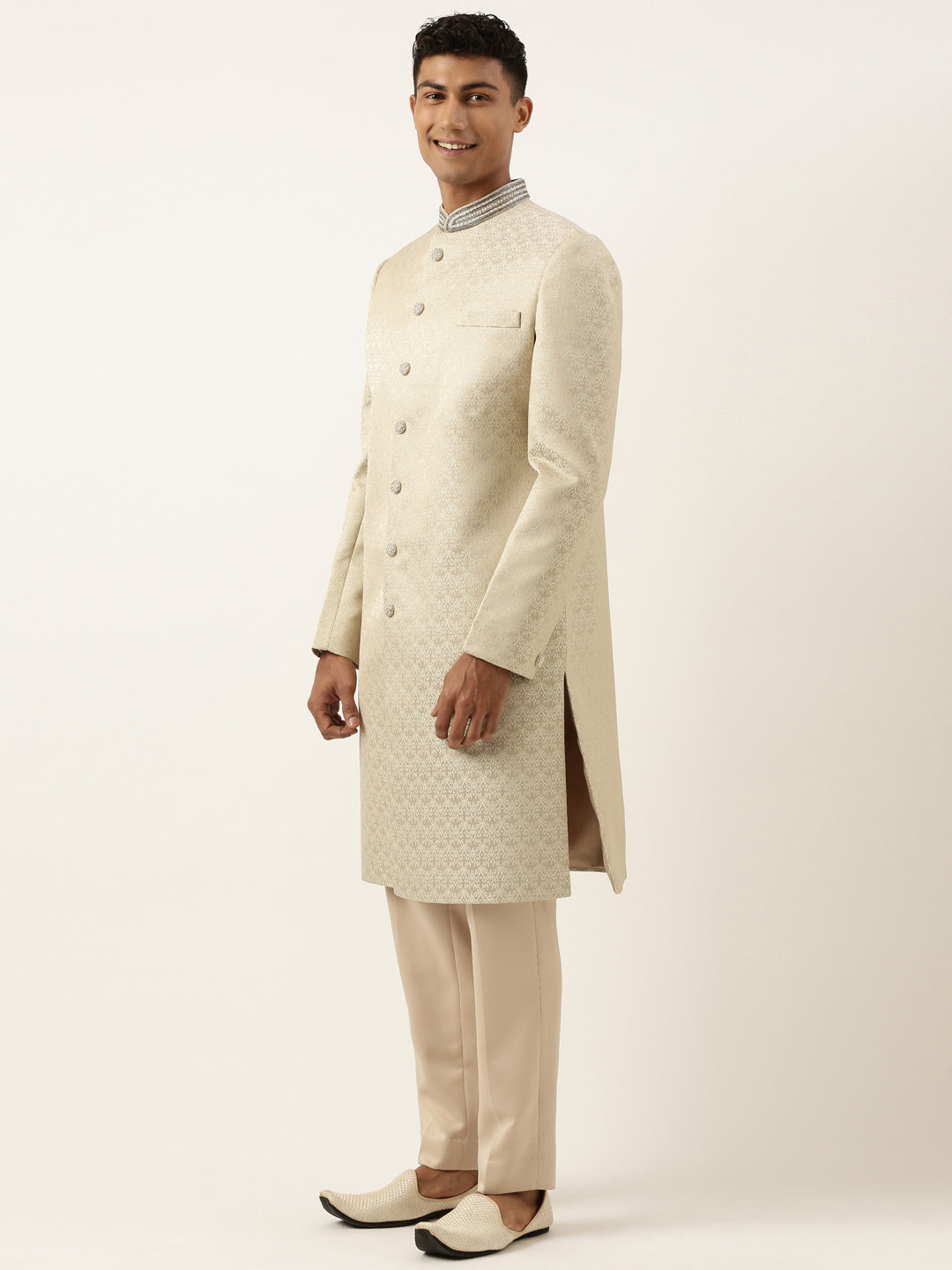 Beige Gold Jacquard Achkan Set