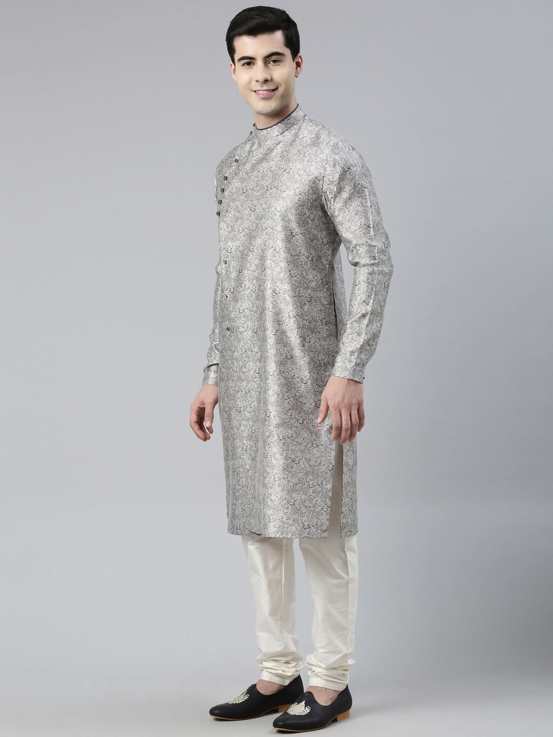 Grey Block Printed Angrakha Style Chanderi Silk kurta set