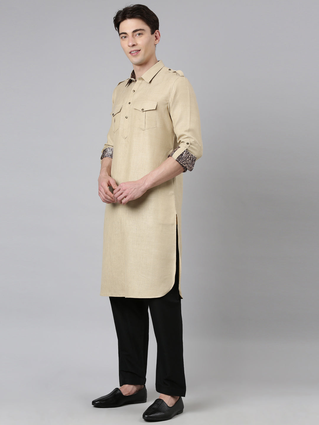 Sepia Tone Printed Jacket With Pathani Set