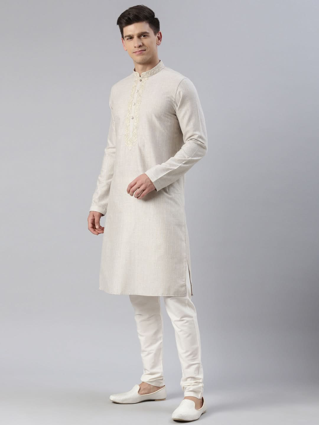 Beige Yellow Linen Embroidered Kurta