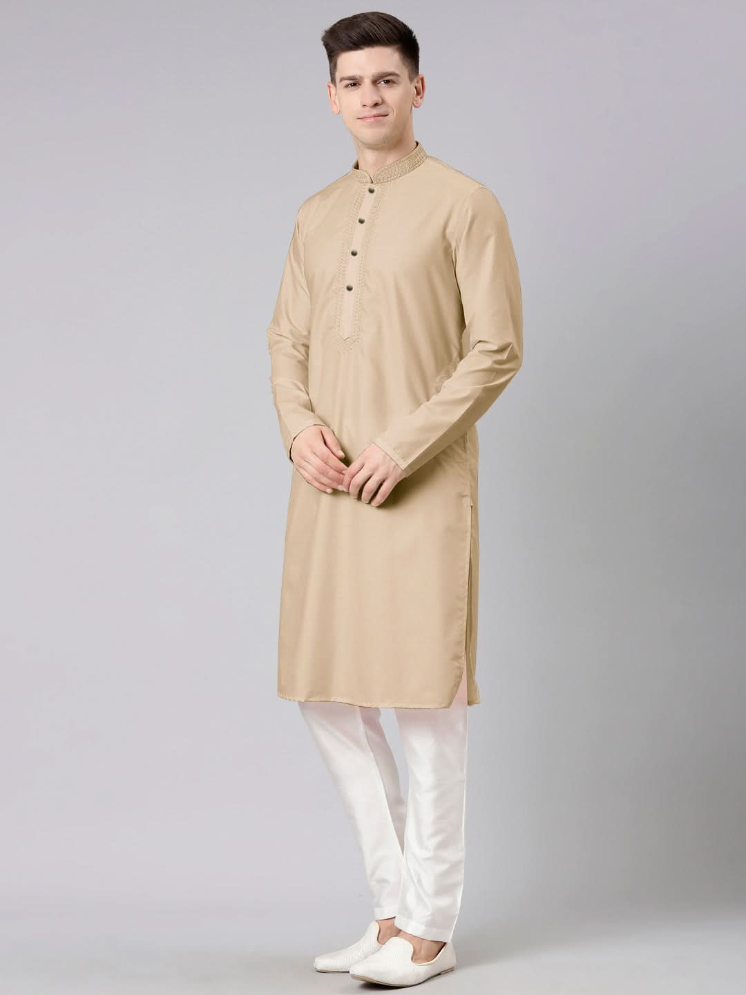 Beige Cotton Dori Embroidery Kurta Set