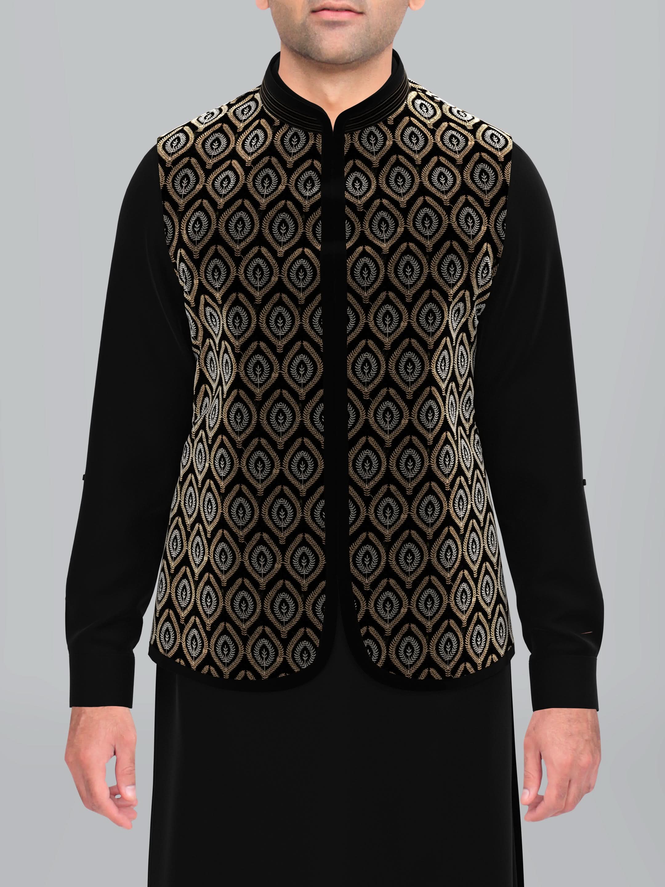 Black Velvet Embroidered Jacket Pathani