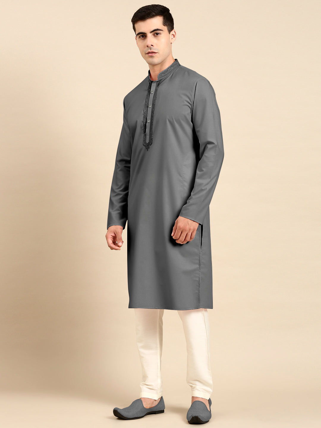 Grey Cotton Dori Embroidered Kurta Set
