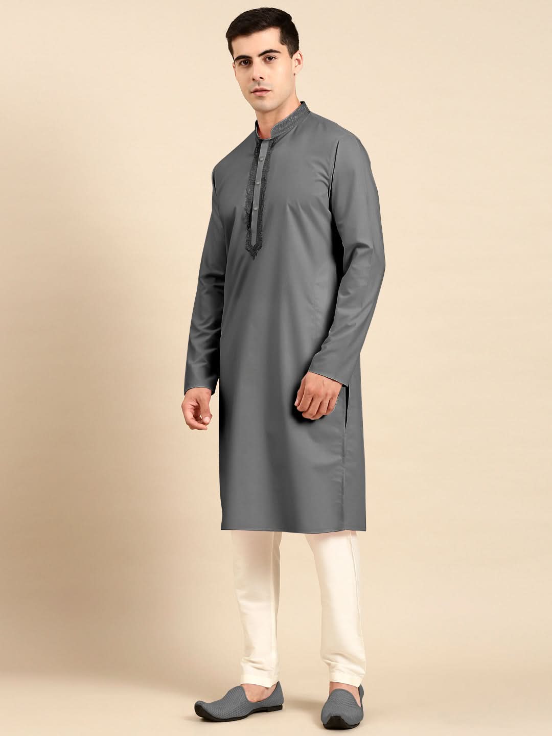 Grey Cotton Dori Embroidered Kurta Set