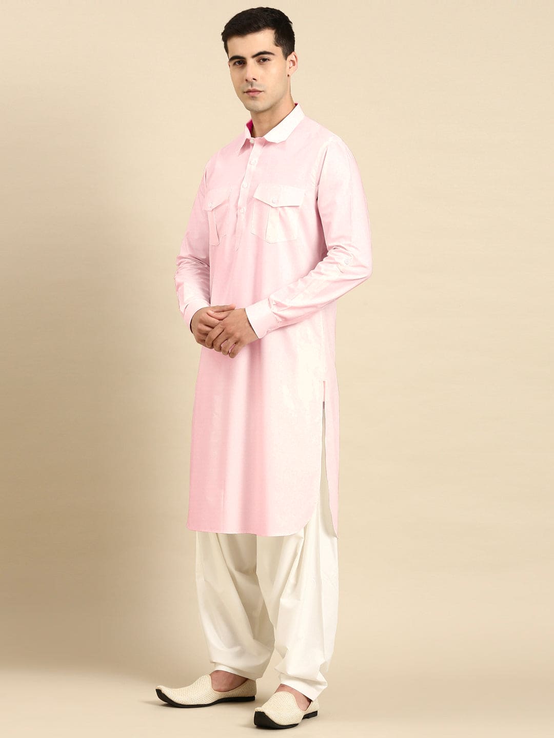 Light Pink Fine Cotton Pathani With Salwar