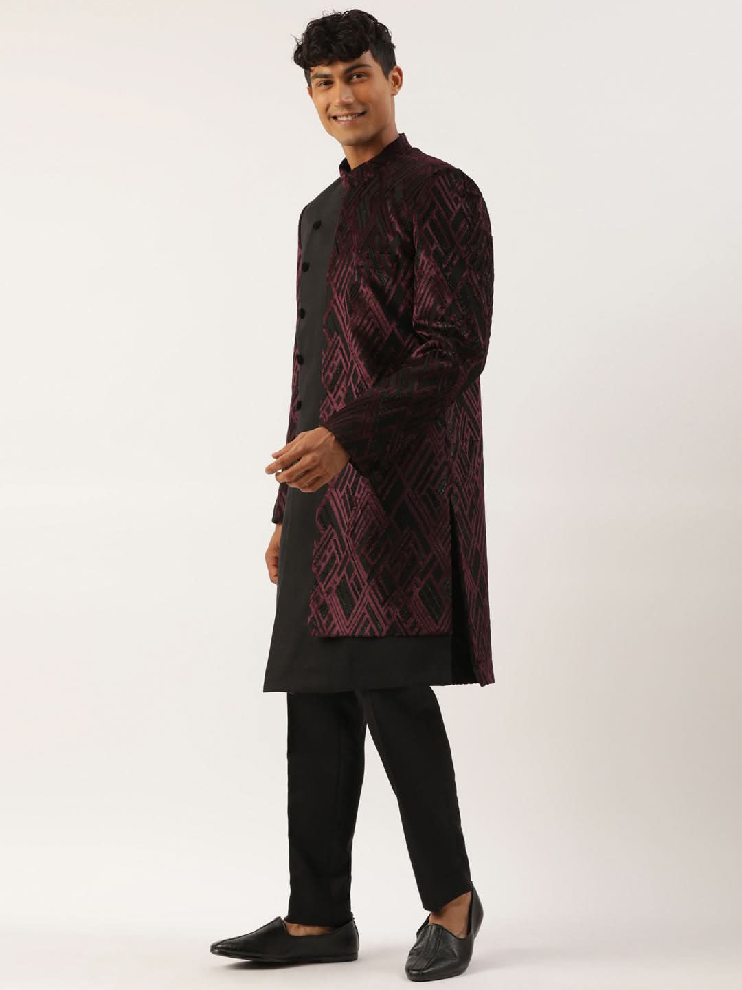 Wine Velvet Angrakha Layered Indowestern