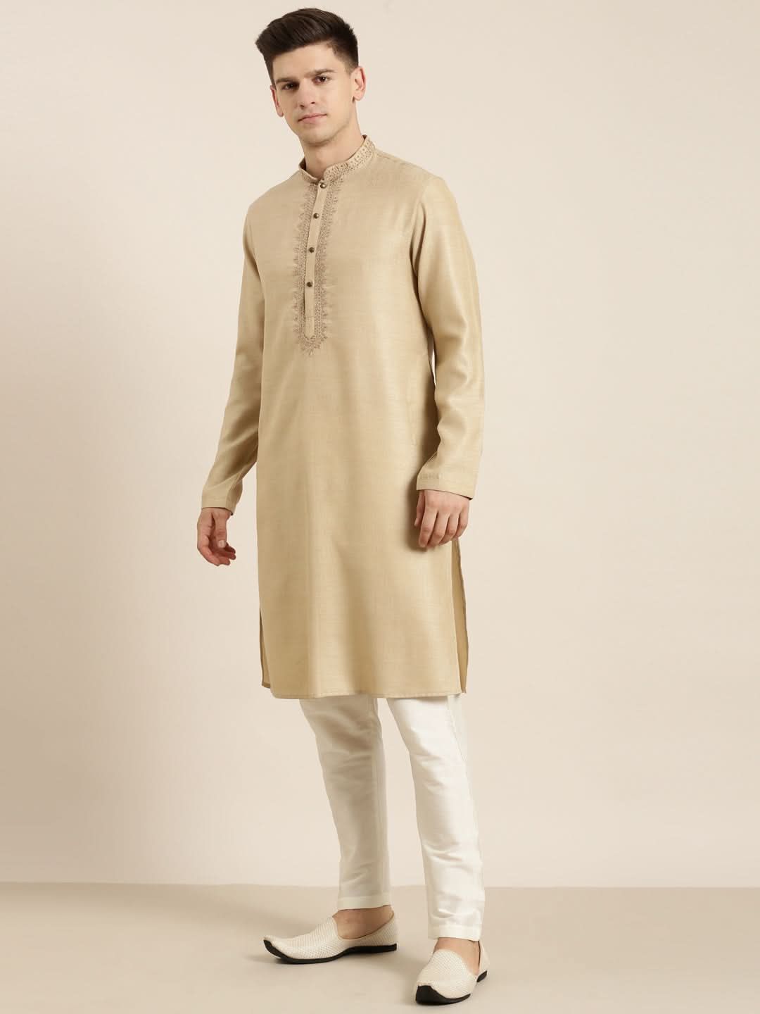Beige Cotton Dori Embroidered Kurta