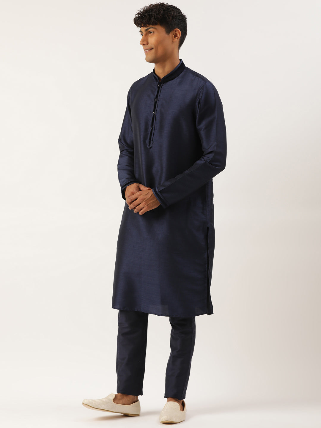 Grey Jacquard Jacket With Mid Night Blue Kurta Set