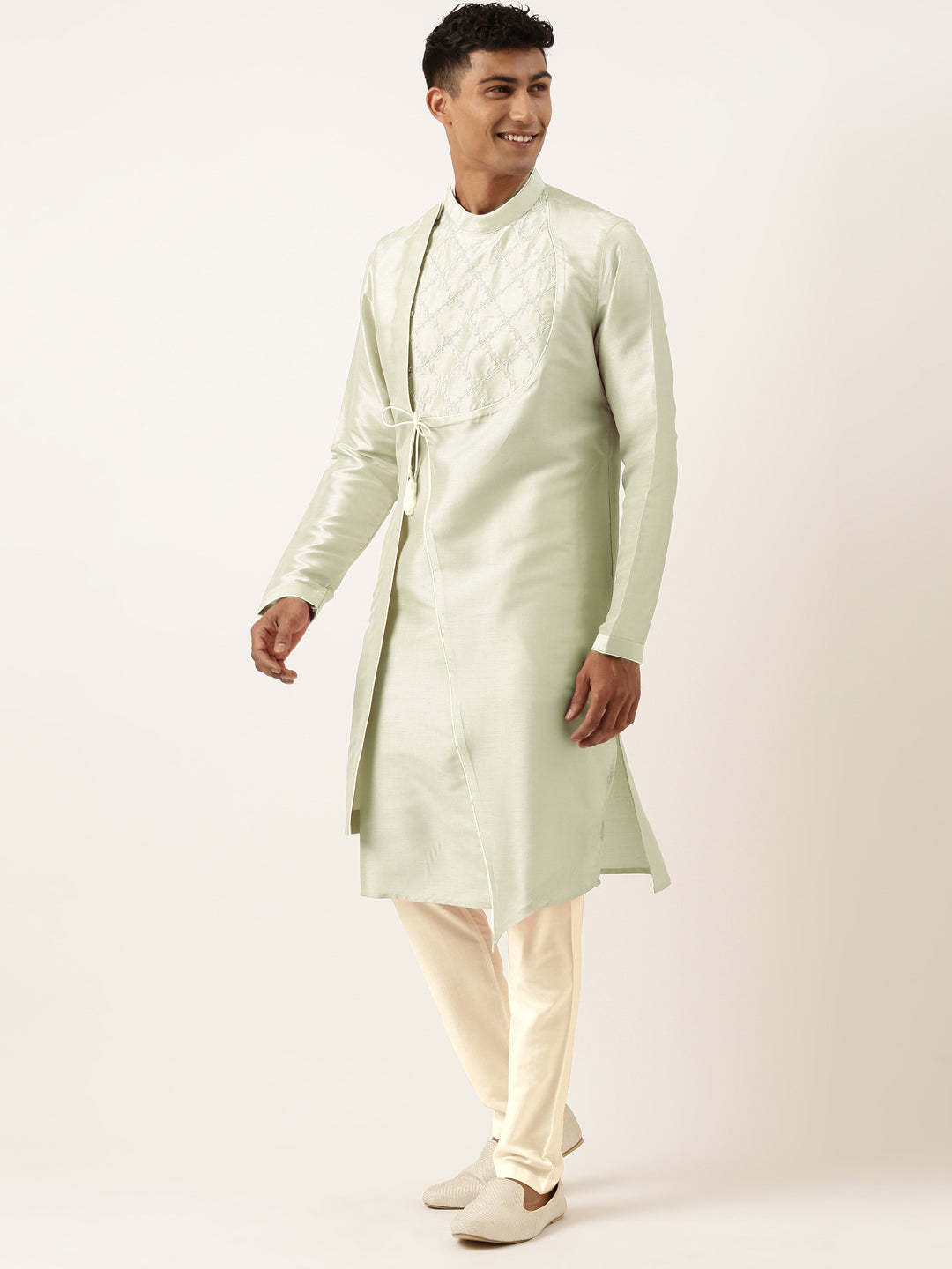 Pistachio Green Embroidery Angrakha Kurta Set