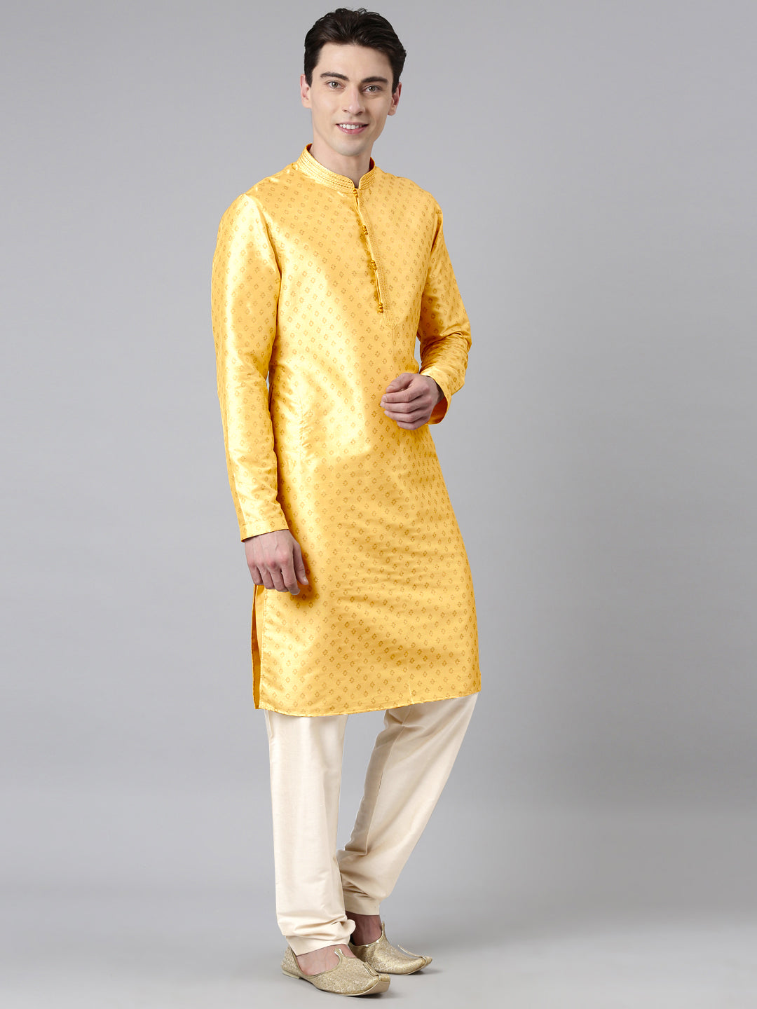 YELLOW SILK GOLD PRINTED KURTA SET