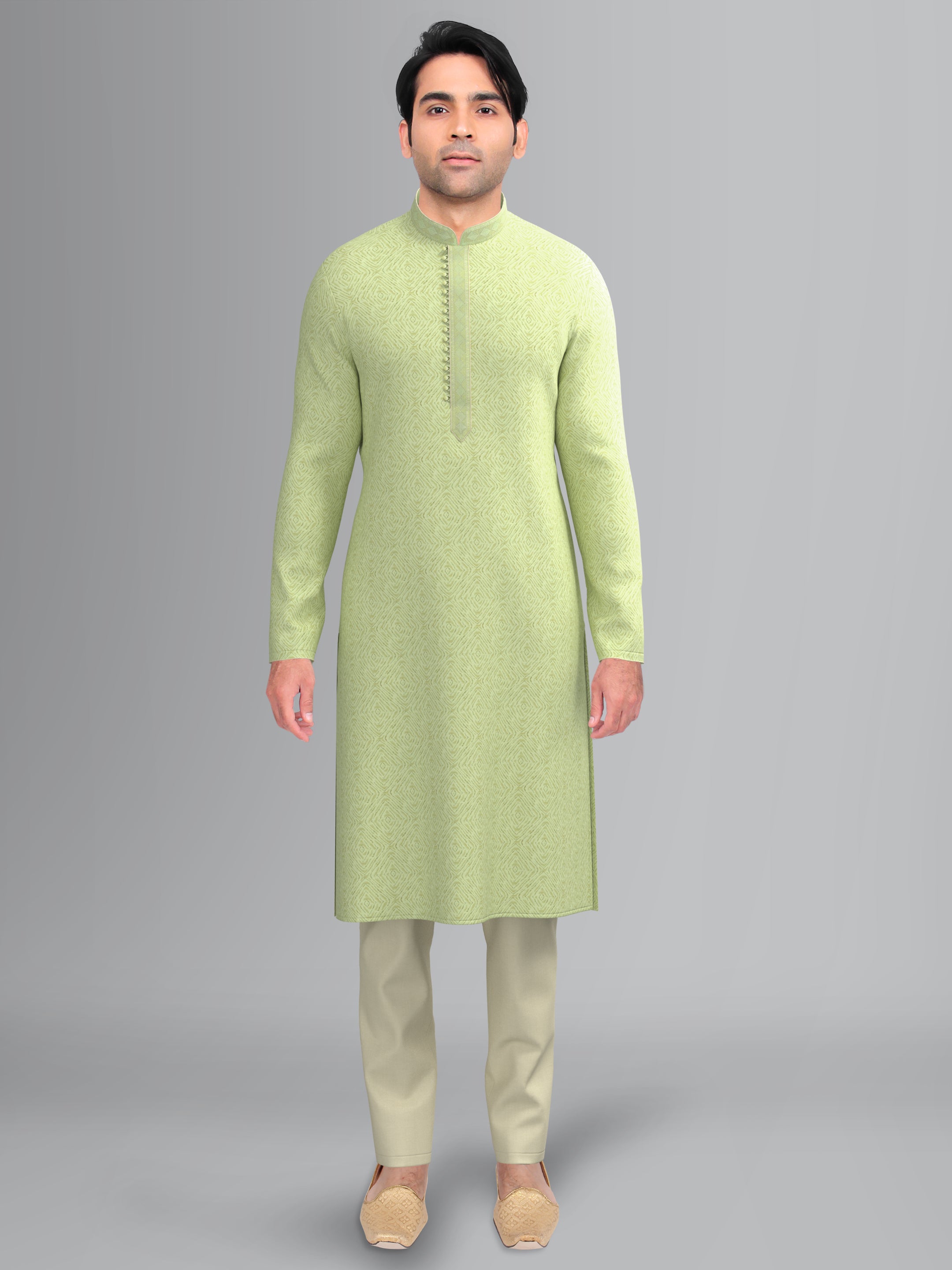 Green Art Silk Kurta Set with Shining Golden Khadi Print