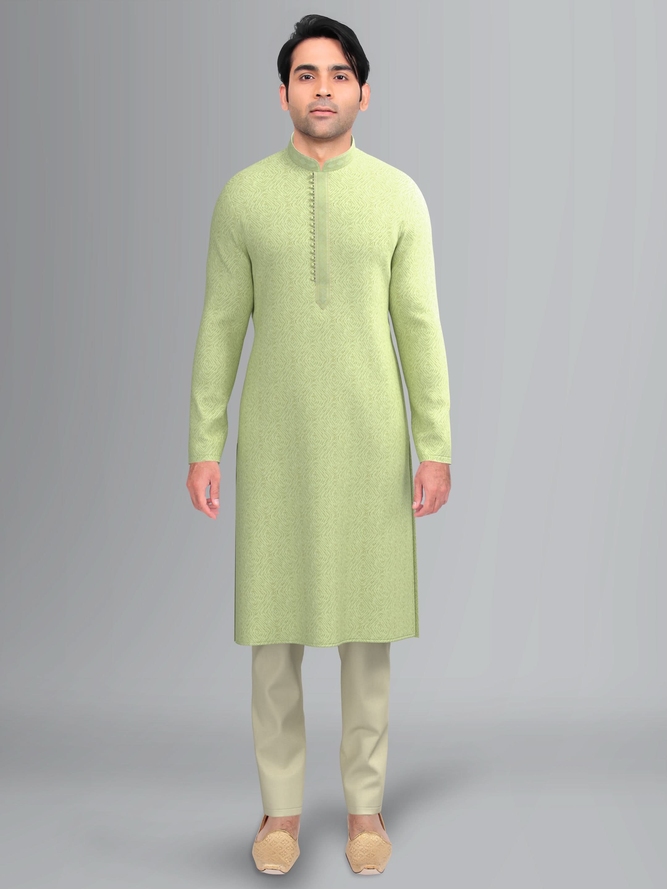 Green Art Silk Kurta Set with Shining Golden Khadi Print