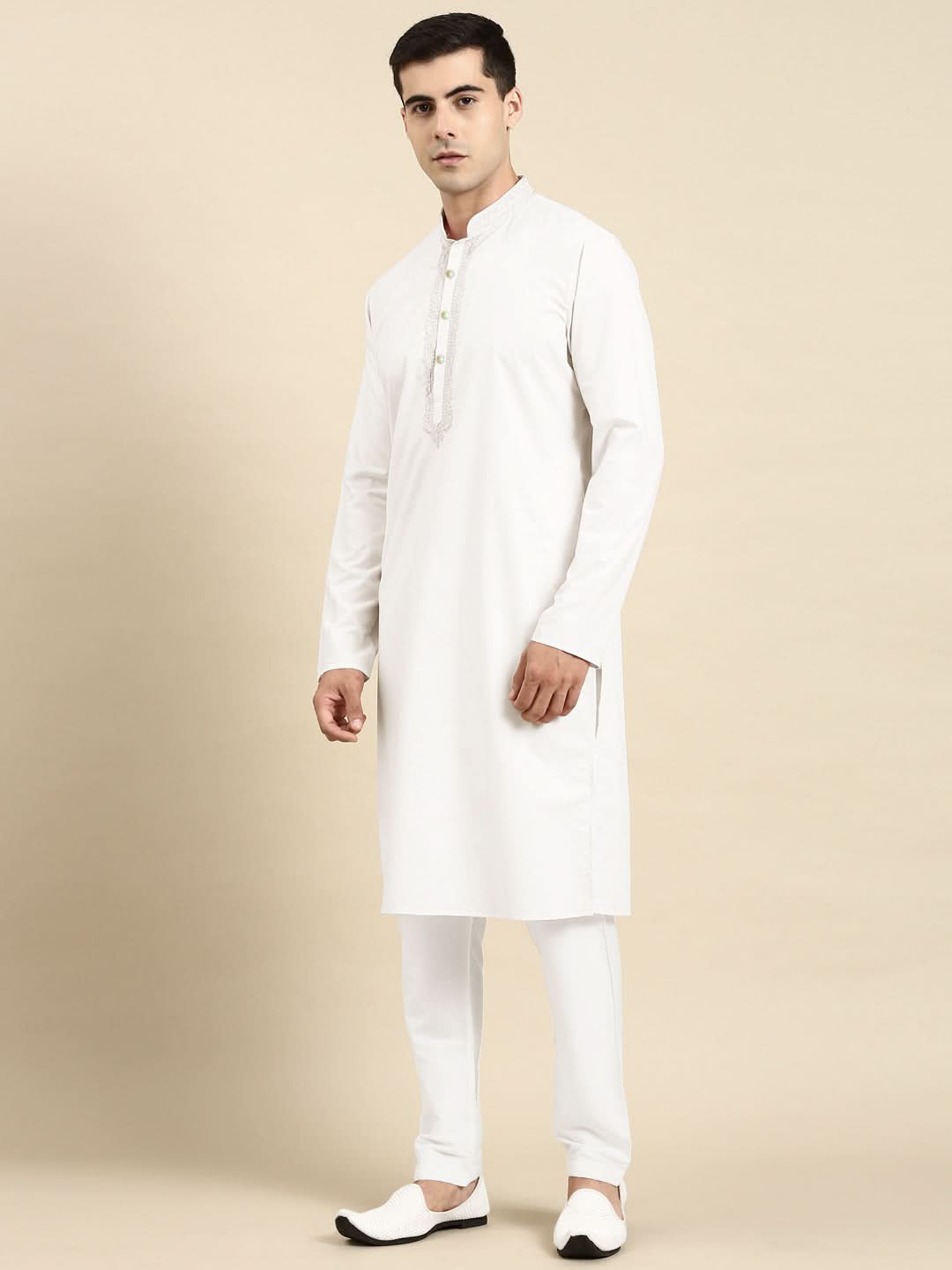 Off White Cotton Dori Embroidered Kurta Set