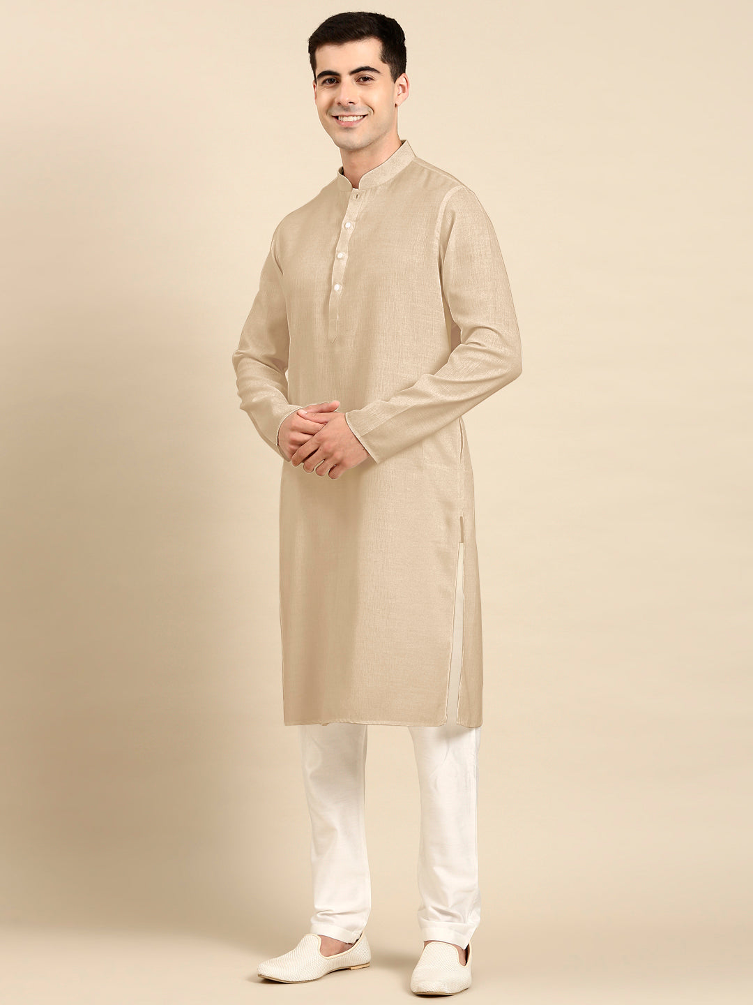 Beige Twill Weave Cotton Kurta  Set