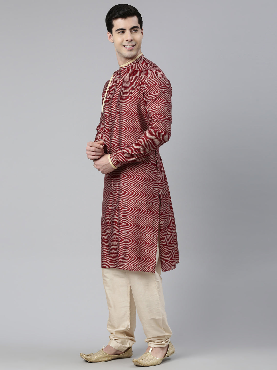 Maroon Harring Bone Block Printed Kurta Set
