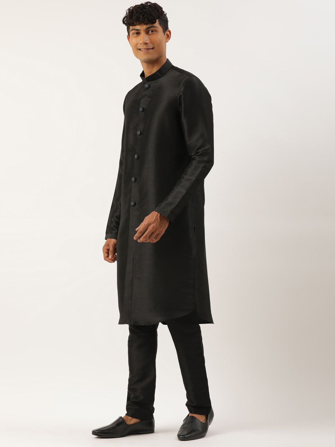 Black Jacquard open Indowestern Set