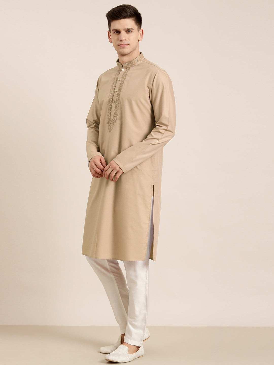 Beige Cotton Dori Embroidered Kurta Set