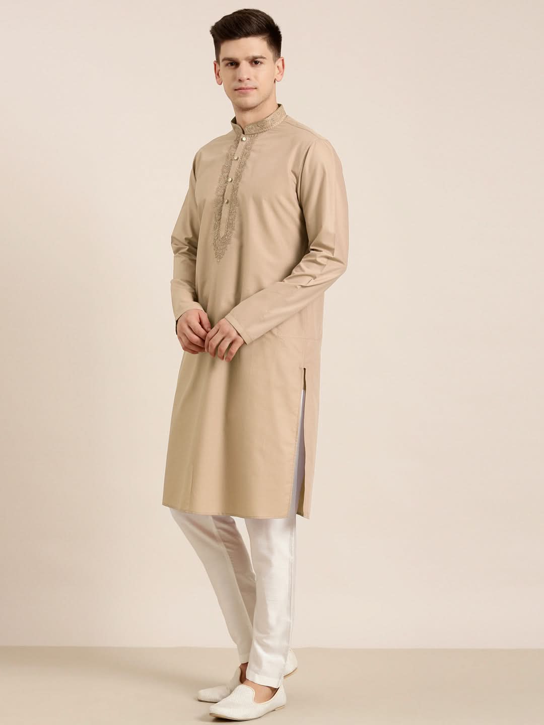 Beige Cotton Dori Embroidered Kurta Set