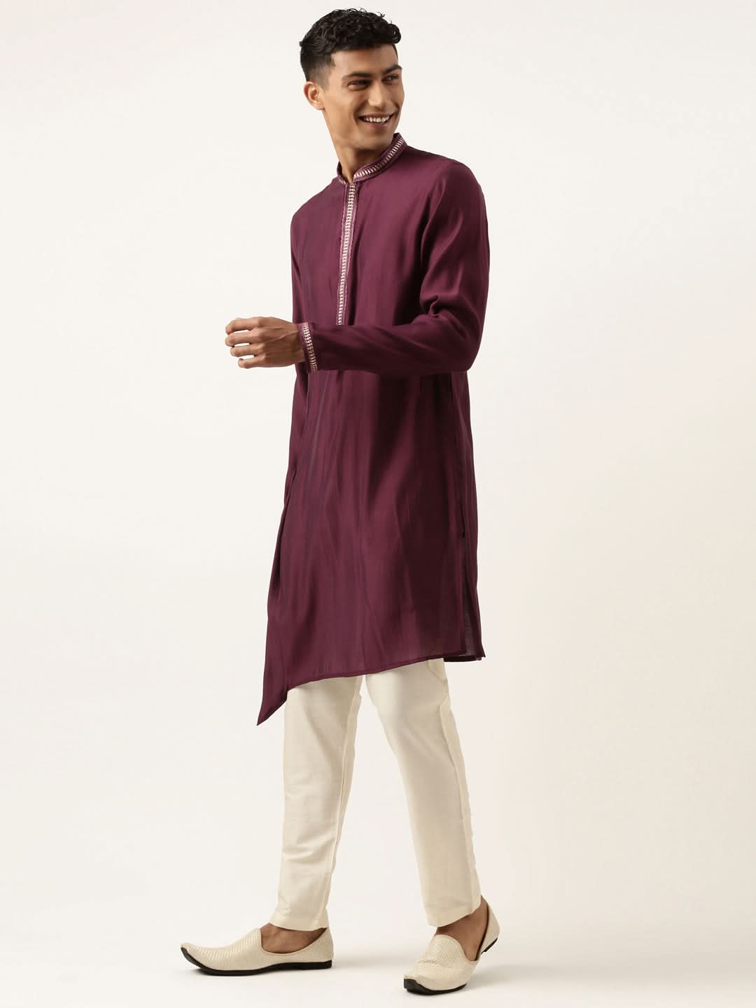 Wine Asymetric Embroidered Kurta Set