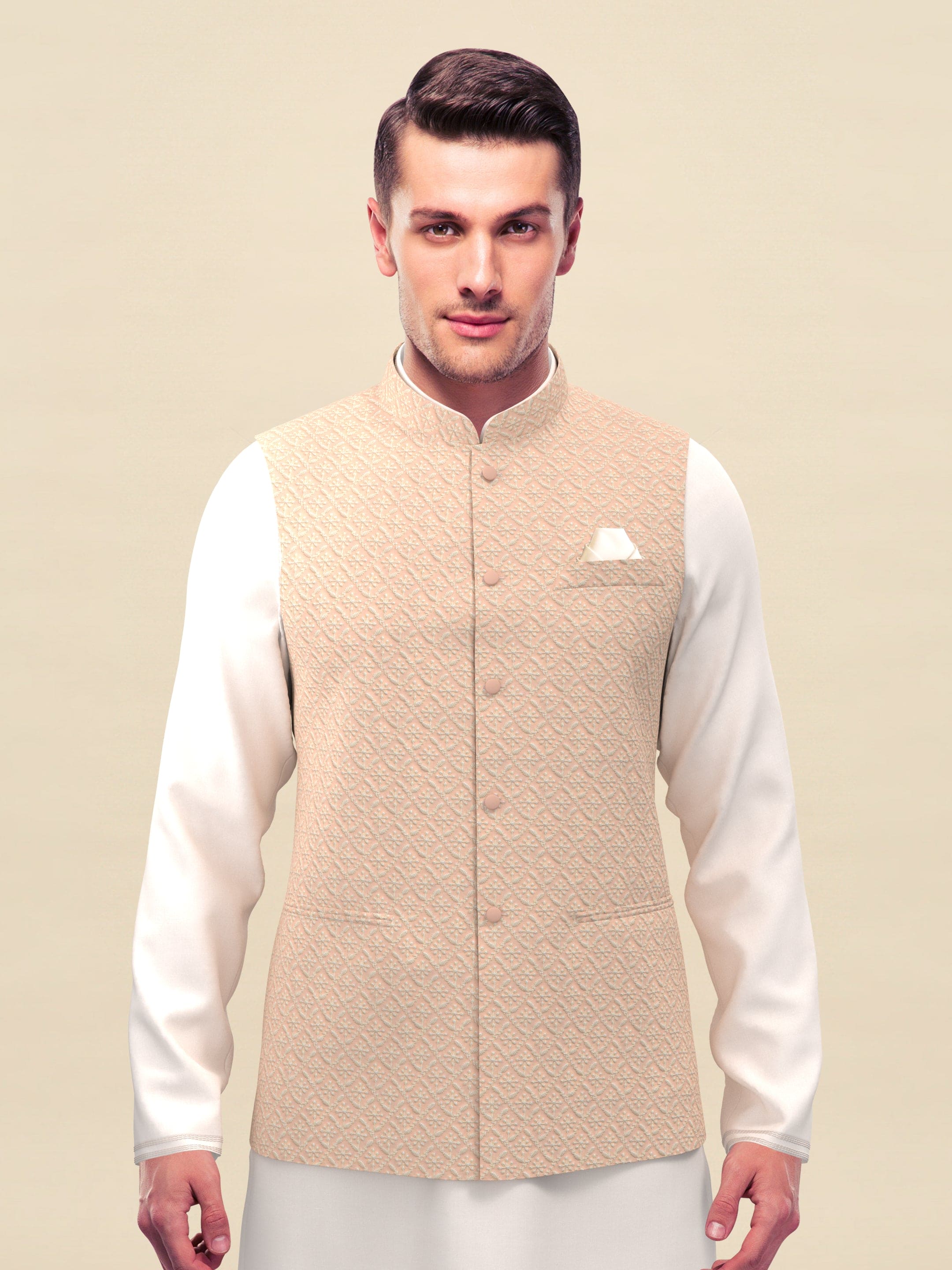 Light Peach chikankari Jacket kurta Set