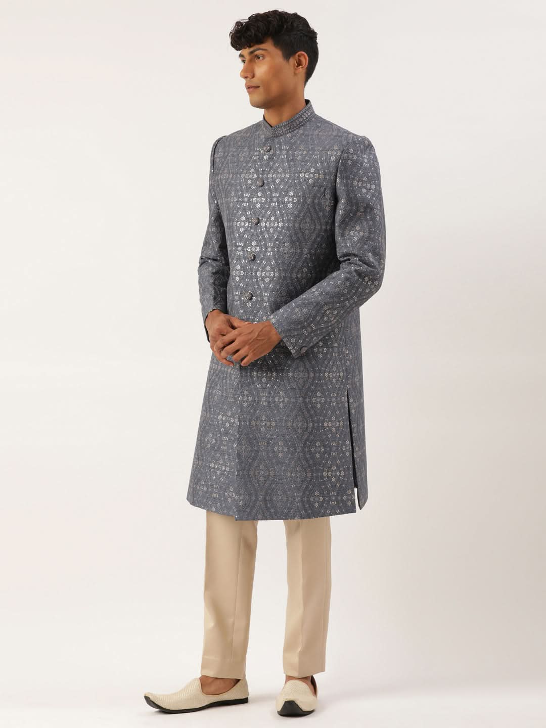 Grey silk Embroidered Indowestern